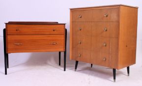 A straight four chest of drawers raised on stub legs along with a straight chest of two drawers.