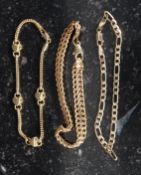 A collection of 3 9ct gold ladies bracelets , 2 being curb linked, one with heart pendant stoppers.