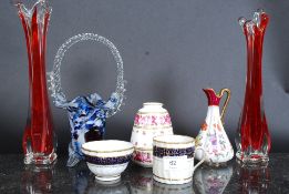 A mixed lot of ceramics to include a Murano style glass basket, two vases, a Newhall bowl and cup,