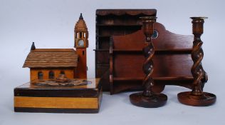 A lot of wooden items including a miniature dresser, candlesticks, pine rack,
