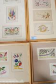 A collection of four framed and glazed silk post cards dating from the early 20th century,