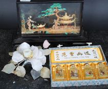A mixed lot to include a Chinese oriental cased straw work / cork display,