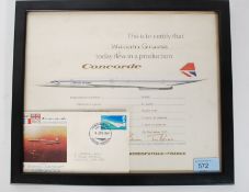 A Concorde production flight certificate for Concorde being presented to William Graves and signed
