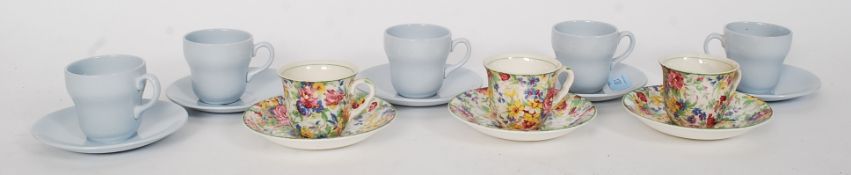 Two part sets of bijou tea services - both unnamed, one is a blush blue colour,