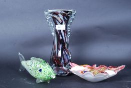 A good mixed assortment of studio glass to include Murano style glass vases,