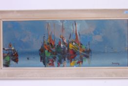 A large retro gouache painting of a sailing boat scene. Framed.