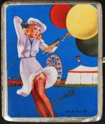 A hallmarked sterling silver 1929 cigarette case, with pictorial image to front of a young lady.