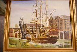 Roy Virgoe; 20th century oil on canvas painting of a ship in Gloucester docks. Details to verso.