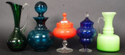 Five pieces of retro studio glass pieces to include ewers,