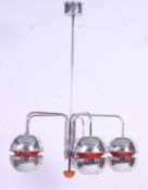 A 1950's chrome retro 4 branch atomic space age chandelier having chrome ball finial shades with