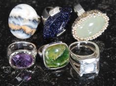 A collection of white metal 925 silver ladies oversized dress rings to include agate set,
