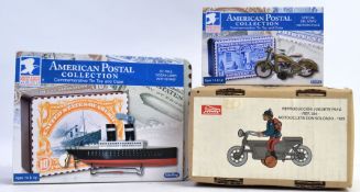 TINPLATE; A collection of 3x boxed tinplate toys - a Russian made motorcycle,