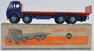 DINKY; An original vintage Dinky Supertoys 503 diecast model Foden Flat Truck in orange and blue.