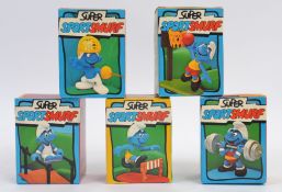 SMURFS; A great collection of 5x vintage original Schleich ' Super Sport Smurf ' figures,