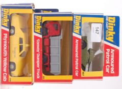 DINKY; A collection of 3x vintage boxed diecast models, comprising of; 278 Cab, 382 Dumper Truck,