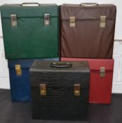 A collection of 5 vintage vinly Lp carry cases in various colours, red, green faux snakeskin etc.