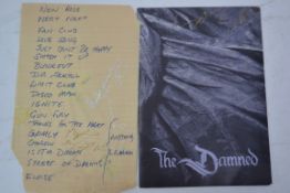 THE DAMNED; An original signed 1986 Fan Club concert set list from The Damned,