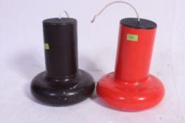 A pair of retro aluminium pendant shade  light fittings,