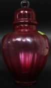An early 20th century Bulbous Cranberry glass biscuit / sweet barrel,