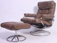 An Norwegian designer Ekornes leather revolving Stressless reclining chair with circular base along