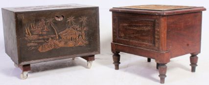 A Chinese camphor style carved chest with fall front together with a Victorian step commode in