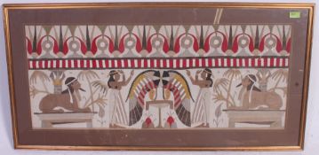A 20th century Egyptian fabric embroidered tapestry panel being framed and glazed.