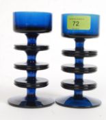 A pair of fabulous blue  art glass Wedgwood ' Sheringham ' 3 Disk Candlesticks designed by Ronald