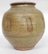 A stunning studio pottery large urn pot with inverted bulbous body complete with lid being marked