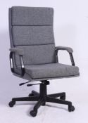 A 20th century 1980's style retro grey wool upholstered directors office swivel chair with angular