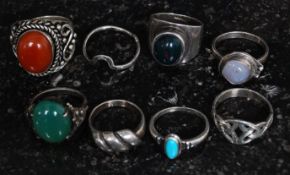A collection of 8 silver 925 - sterling rings to include turqiouse, Chinese, Bloodstone,
