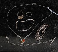 A collection of silver to include bracelet, rings, chain with bar, fine necklace and pendant.