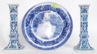 2 Villeroy & Boch blue and white candlesticks marked to underside  V & B with DEC5055 markings.