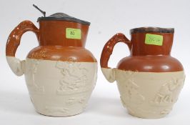 A collection of 2 large stoneware jugs having hunting scenes with horse and rider and Lercher dogs.