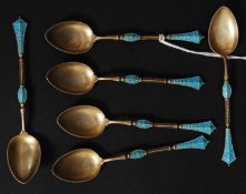 A set of stunning Norway - Norwegian silver and champleve enamel set spoons.