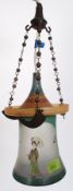 A vintage crackle glaze art deco, glass light fitting having hand painted geisha decoration,