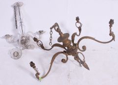 An Edwardian gilt metal 5 branch rococo chandelier ( 2 arms loose ) together with a vintage glass