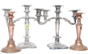 A pair of heavy vintage silver plate three stem candelabra,