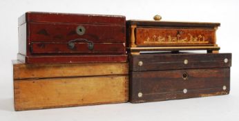 A Victorian workbox together with a stencil worked inlaid box,