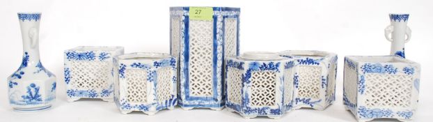 A collection of Chinese blue and white Kang-xi style china to include fret pierced hexagonal and
