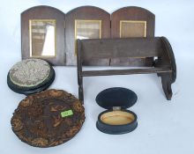 A collection of wooden items to include a Black Forest ? carved book trough,