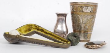 A collectors lot to include a clay pipe inscribed Portchester with case, a silver plate condiment,