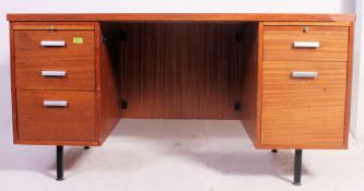 A vintage 1960's large teak Industrial office desk raised on metal supports with twin pedestals