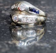 A 14ct white gold sapphire and diamond cross over ladies ring Size P