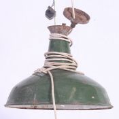 A Retro 1950's Industrial factory enamel painted metal pendant light lamp having original green and