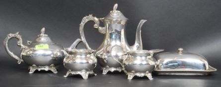 A silver plated tea service, consisting of tea pot, coffee pot, creamer,