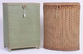 2 vintage style Lloyd Loom style linen baskets, both with hinged lids, one gold and one green.