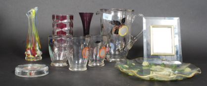 A collection of vintage glass to include 1950's lemonade pitcher, art glass, ashtray,
