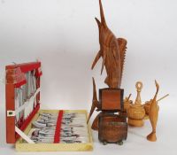 A retro /vintage boxed canteen of cutlery set along with a carved Swordfish,