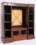 A regency style mahogany Adams revival open window bookcase cabinet with painted detail to centre.