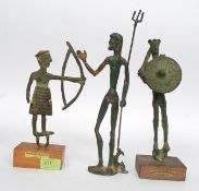 A collection of 3 bronze figurines to include a 20th century antique style bronze figure along with